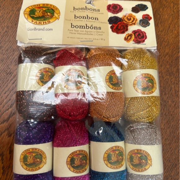 Package of eight Bonbons by Lionbrand. Party color. 8 x .35oz or 38yd each spool - Picture 1 of 3